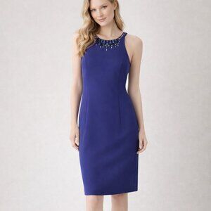 Trina Turk Blue Jewel Embellished Neck Sheath Dress Sleeveless Cocktail Party S